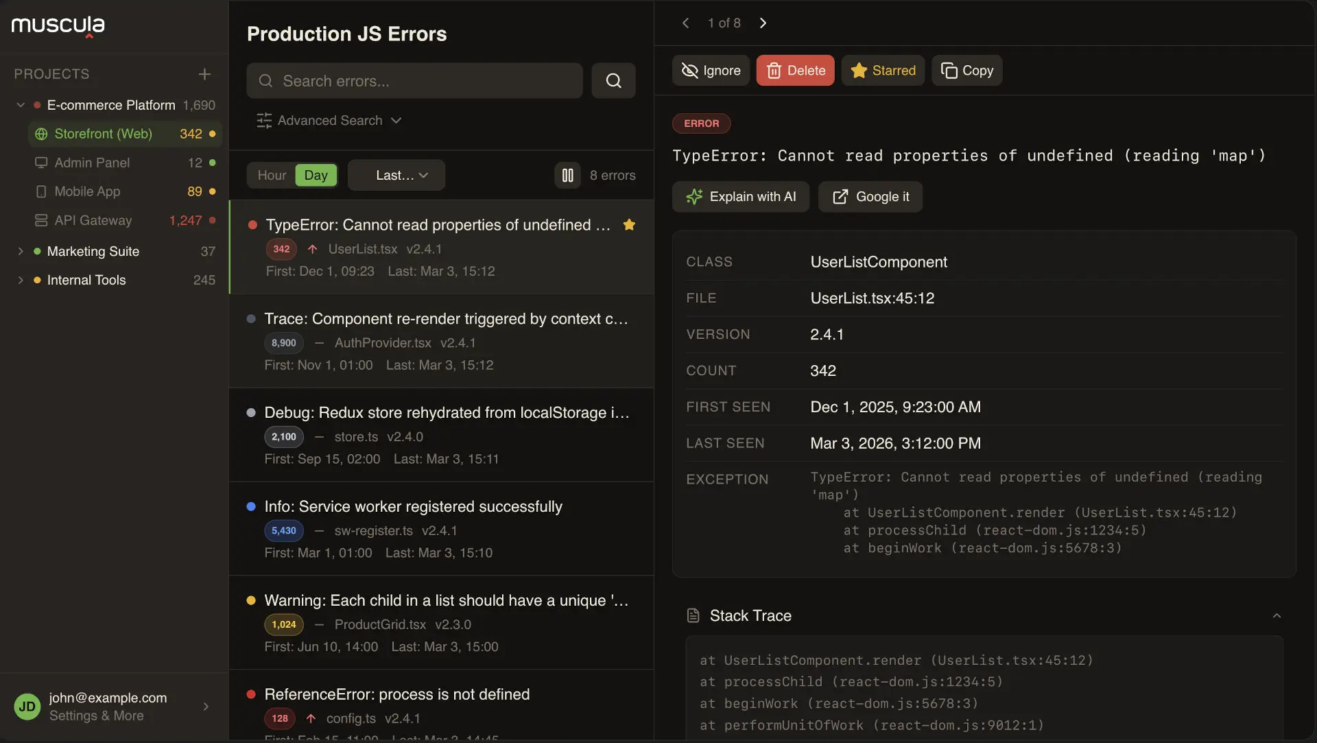 Muscula error monitoring dashboard showing real-time error tracking and analysis
