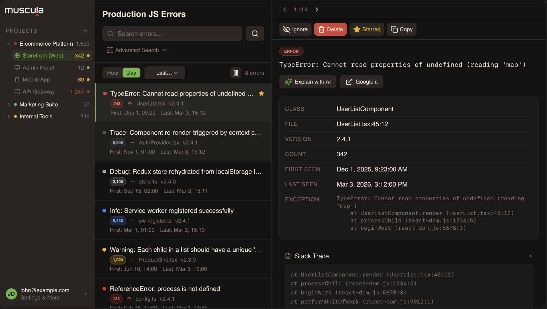 Muscula error monitoring dashboard showing real-time error tracking and analysis